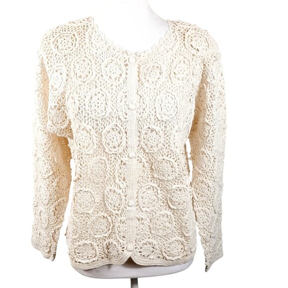 Moda International Sweaters - MODA INT'L Crochet Open Knit Cardigan, Cream, Size Medium, Cottagecore, Boho